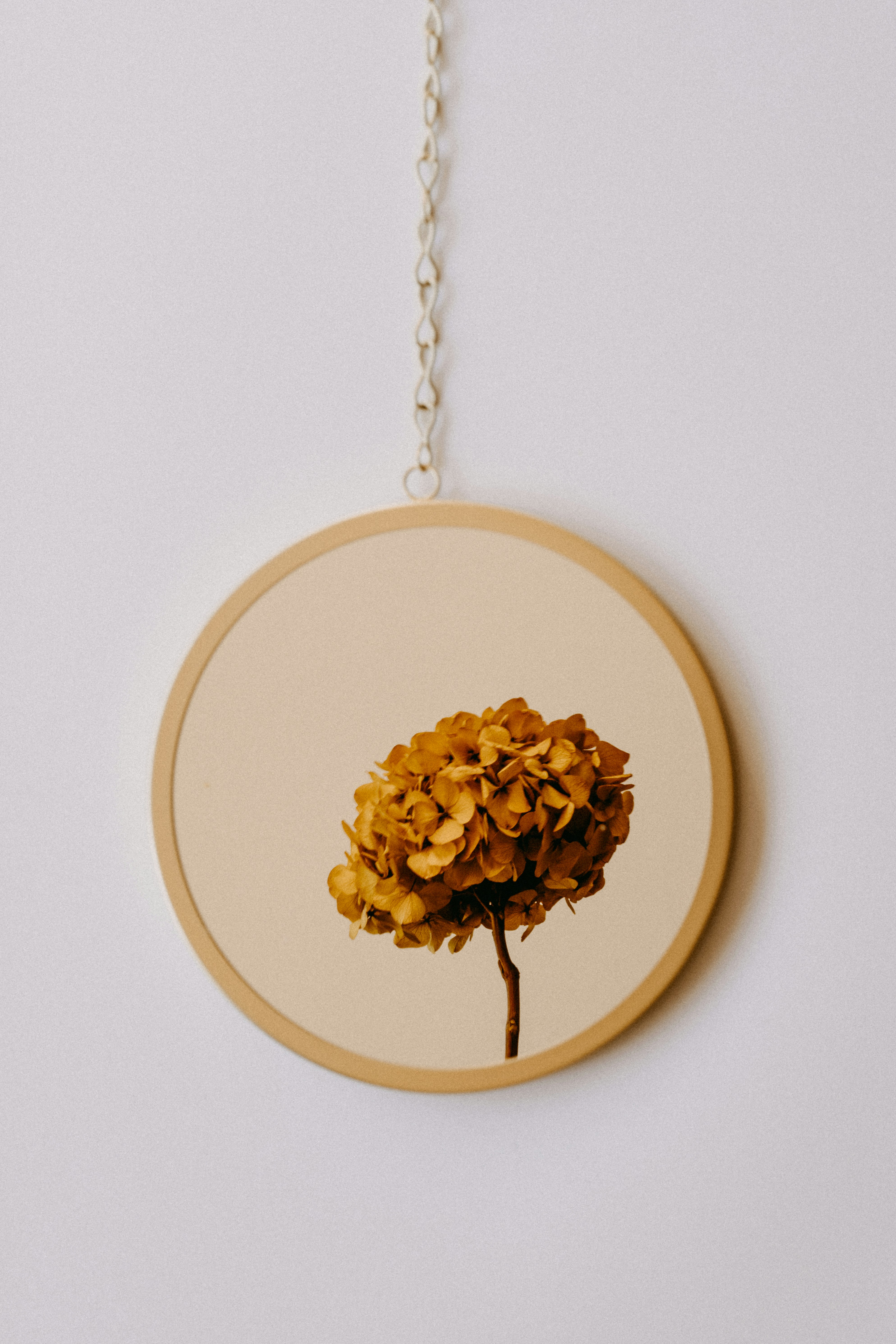brown and white floral round hanging decor